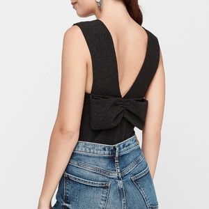 Black Ribbed Plunge Neck Bow Back Bodysuit